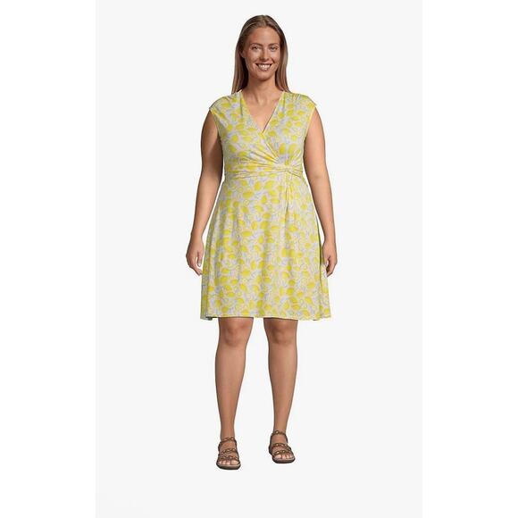 Lands' End Cotton Modal Jersey Knit Surplice Neck Lemon Print Dress Sz XL Beachy - Picture 1 of 11
